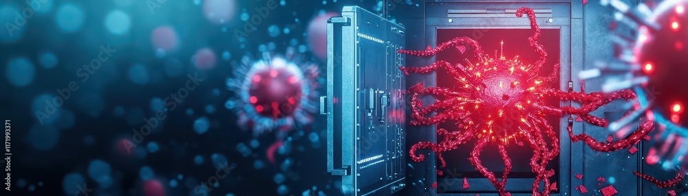 Poster a secure vault door being cracked open by glowing red tentacles of malware, set against a dark backg