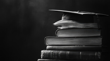 graduation cap resting on stack of old books symbolizes academic achievement and knowledge. This evokes sense of nostalgia and pursuit of education