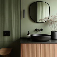 Modern green bathroom with black basin, wooden vanity, and decorative mirror