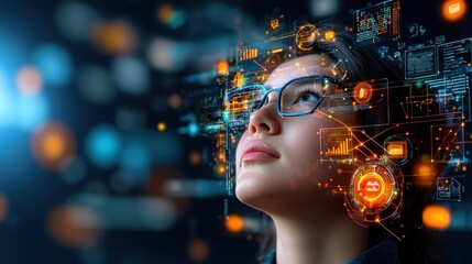 A person is surrounded by a variety of icons representing different technologies and calculations, set against a futuristic digital background