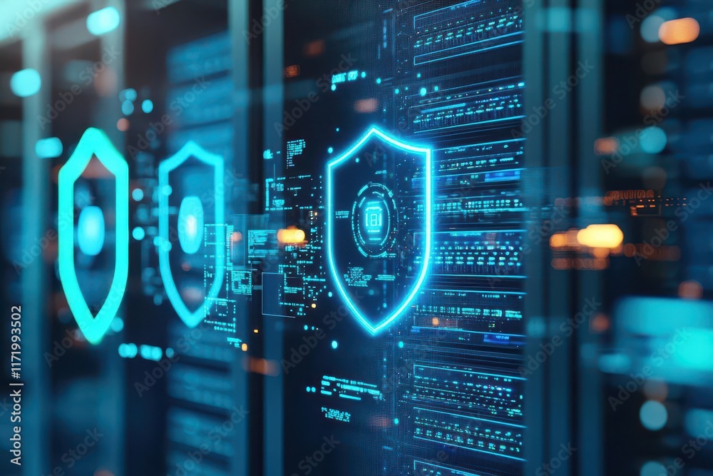 Poster a server room with holographic shields projected around servers, illustrating robust cybersecurity, 