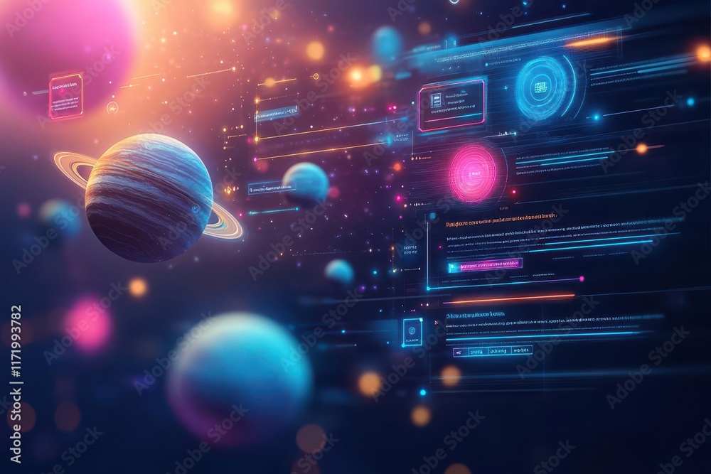 Poster A Captivating Space Scene Featuring Distant Planets and an Advanced Computer Screen Creating a Futuristic and Cosmic Exploration Atmosphere