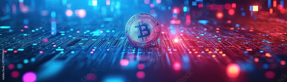 Poster a coin resting on a high-tech digital circuit board symbolizing modern finance and technology in a f