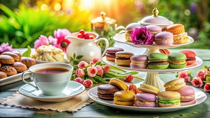 High-resolution image: Exquisite afternoon tea. Delicate pastries, elegant teacups.  A perfect spread.