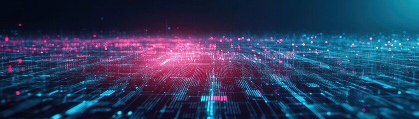 Fototapeta premium A surreal representation of cryptocurrency mining fields glowing in radiant digital hues, abstract, highcontrast, digital illustration