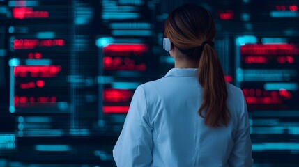 Female Scientist Wearing Headphones in a Laboratory Setting Analyzing Data on Digital Screens with Colorful Graphs and Text Displays