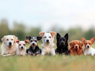 A variety of colorful dog breeds lounging together in a bright garden, soft natural light, wide angle highlighting diversity