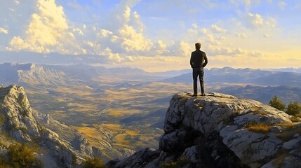 Obraz premium A man in his 30s standing on top of a mountain, gazing at the horizon, symbolizing the achievement of life goals. The vast, open landscape reflects a sense of accomplishment and ambition