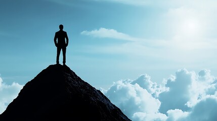 A man in his 30s standing on top of a mountain, gazing at the horizon, symbolizing the achievement of life goals. The vast, open landscape reflects a sense of accomplishment and ambition