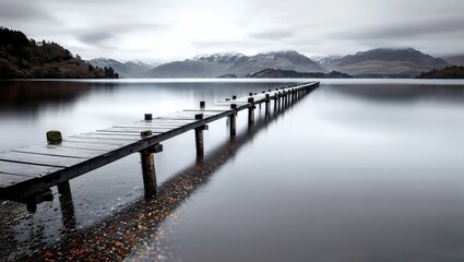 Obraz premium A Serene Journey: The Long Pier Stretching Over Calm Waters, Merging with Misty Mountains and Clouds Above, Offers a Tranquil Escape into Nature's Embrace and Beauty.