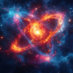 Obraz premium Cosmic Glowing Atom Digital Art Background with Nebula Colors and Abstract Expressionism