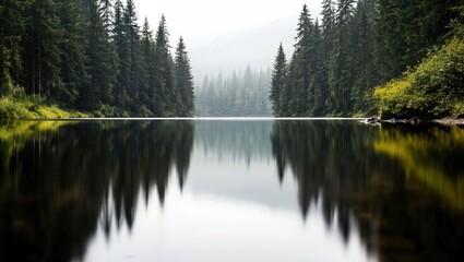 Fototapeta premium A peaceful lake surrounded by towering coniferous trees reflecting their beauty on the still water, creating a harmonious blend of nature's splendor and serenity.