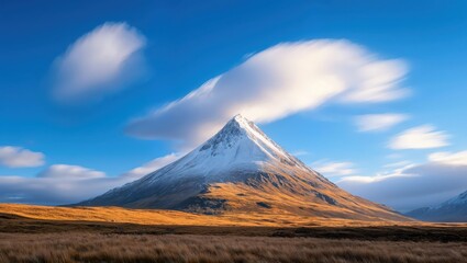 Fototapeta premium A stunning, sweeping view of a majestic snow-capped mountain reflecting sunlight against a bright blue sky, with wispy clouds adding a dynamic touch to the serene landscape.