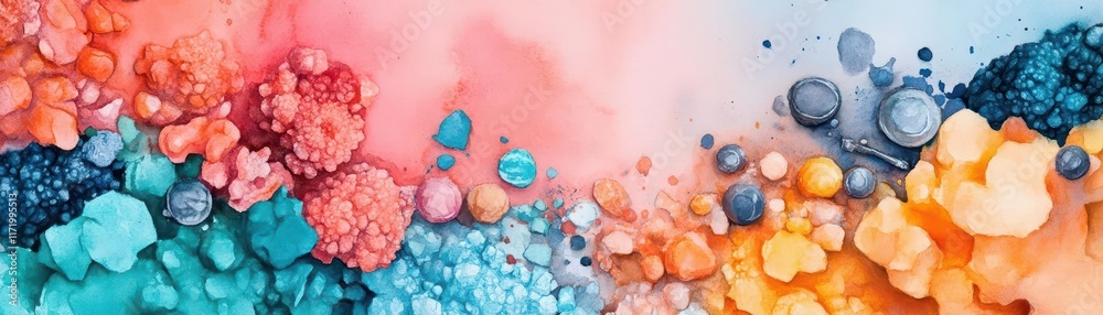 Poster Abstract watercolor representation of minerals and mining tools, blending metallic hues with fluid forms