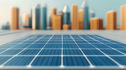 Obraz premium Close-Up of Solar Panels with Urban Skyline in Background, Renewable Energy Technology in Modern Cityscape, Focus on Sustainable Power Generation