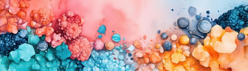 Abstract watercolor representation of minerals and mining tools, blending metallic hues with fluid forms