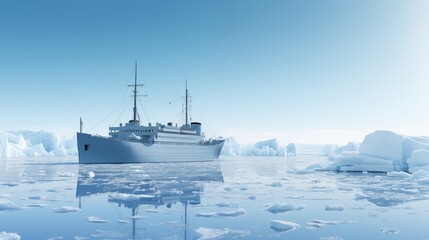 A ship cutting through icy waters with clear ice formations, backlighting, empty space on the right side,generative ai illustration