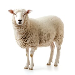 Fototapeta premium Fluffy sheep standing, white background, farm animal, agriculture. (1)