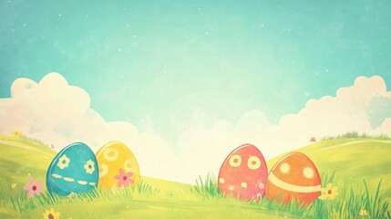 Vintage Easter themed watercolor painted background of multi-colored Easter eggs on grassy hills at the bottom of the frame with against a teal background with negative space for advertisement.
