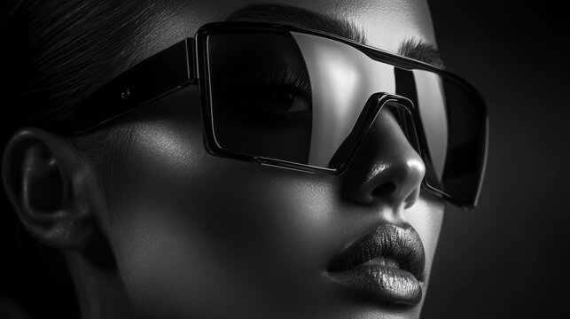 Close-up portrait of a woman in reflective glasses with monochrome lighting