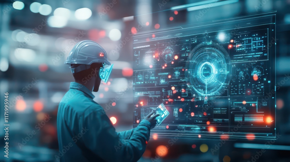 Poster aiassisted oil refinery workers, using advanced holographic interfaces, glowing lights reflecting of