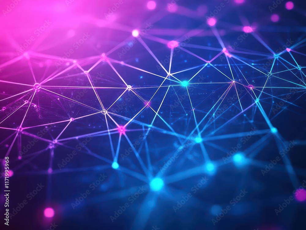 Poster AIgenerated abstract network of nodes and lines in vibrant neon, online visibility, data visualization concept