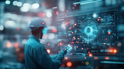 AIassisted oil refinery workers, using advanced holographic interfaces, glowing lights reflecting off metallic surfaces, scifiinspired digital painting