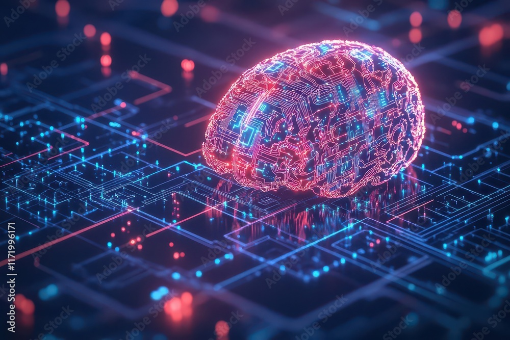 Poster Intricate Representation of a Brain Merging with a Circuit Board Against a Futuristic Background Symbolizing Technology and Human Intelligence Interconnection