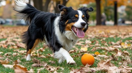 A playful dog running on grass with autumn leaves, chasing an orange ball.