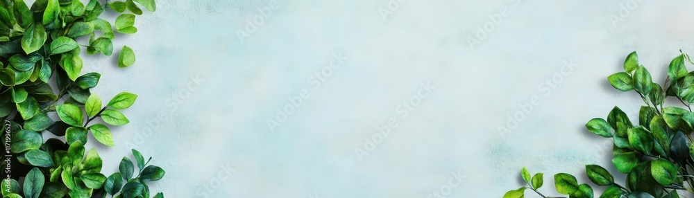 Poster vibrant green leaves elegantly framing a calm blue background creating a fresh and inviting atmosphe