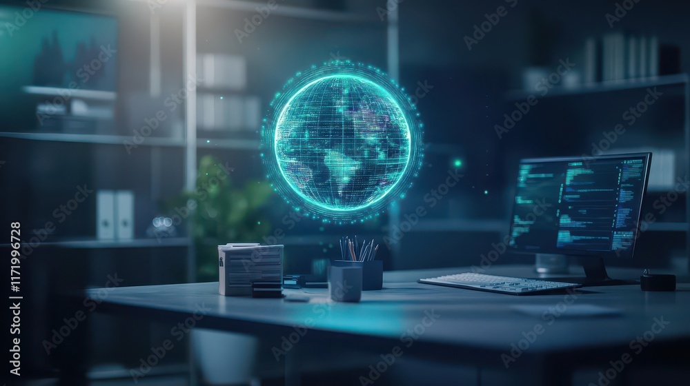 Aufkleber Illuminated Computer with Radiant Globe Symbolizing Global Connectivity and Technology in a Modern Workspace Creating a Futuristic Atmosphere