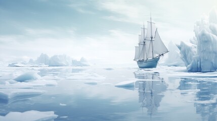 Fototapeta premium A ship sailing through frozen waters with sharp ice formations, soft natural light, empty space on the right side,generative ai illustration