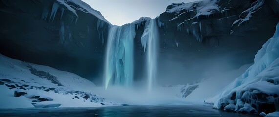 Unique artistic capture of a frozen waterfall in winter scenery
