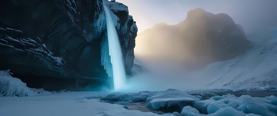 Unique artistic capture of a frozen waterfall in winter scenery
