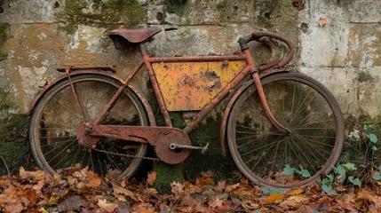 Fototapete Rusty vintage bicycle leaning against a stone wall covered with autumn leaves. © AFFANYUDA