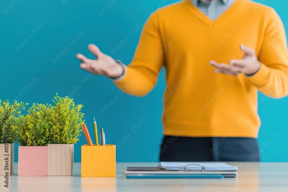 Poster Man Standing Confidently in Front of an Organized Desk with a Lush Green Plant Centered Creating a Calm and Productive Work Environment