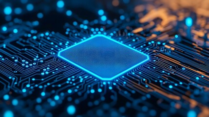 Futuristic Blue Microprocessor Chip Connected to Circuit Board with Glowing Lines and Nodes Depicting Advanced Technology and Innovation in Computer Systems