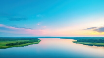 Fototapeta premium Calm lake reflecting the sky, soft evening light, wide shot showcasing tranquil waterscapes' serenity