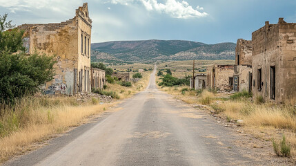 Fototapeta premium Deserted village with crumbling buildings along a dirt road in rural landscape