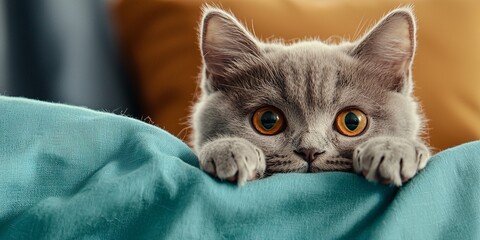 Pet hiding playful innocence concept. A curious gray kitten peeks over a colorful blanket, showcasing its big orange eyes and playful demeanor.