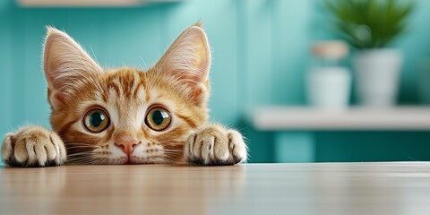 Pet hiding playful innocence concept. Cute ginger cat peeking over a table with a vibrant teal background, showcasing its large expressive eyes.