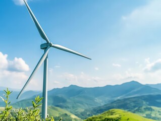 clean and renewable wind farm set against green mountains, close up, focus on, copy space, fresh vibrancy, double exposure silhouette with electric innovation