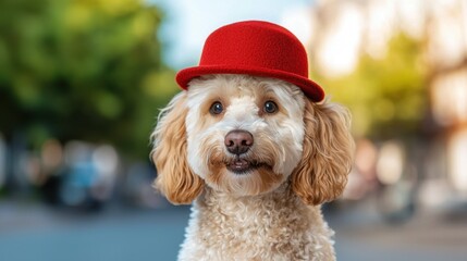 A fluffy white dog wearing a stylish red felt hat, perched slightly askew on its head, looking adorable and playful.