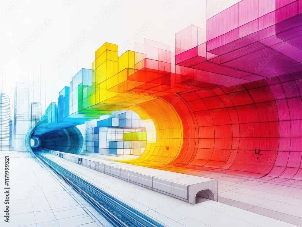 Poster Vibrant Abstract Representation of Train Tracks with Colorful Patterns and Bold Shapes Evoking a Sense of Movement and Artistic Expression in Transportation