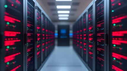 High-Tech Data Center with Illuminated Server Racks and Rows of Servers in Red Light for Tech and IT Backgrounds