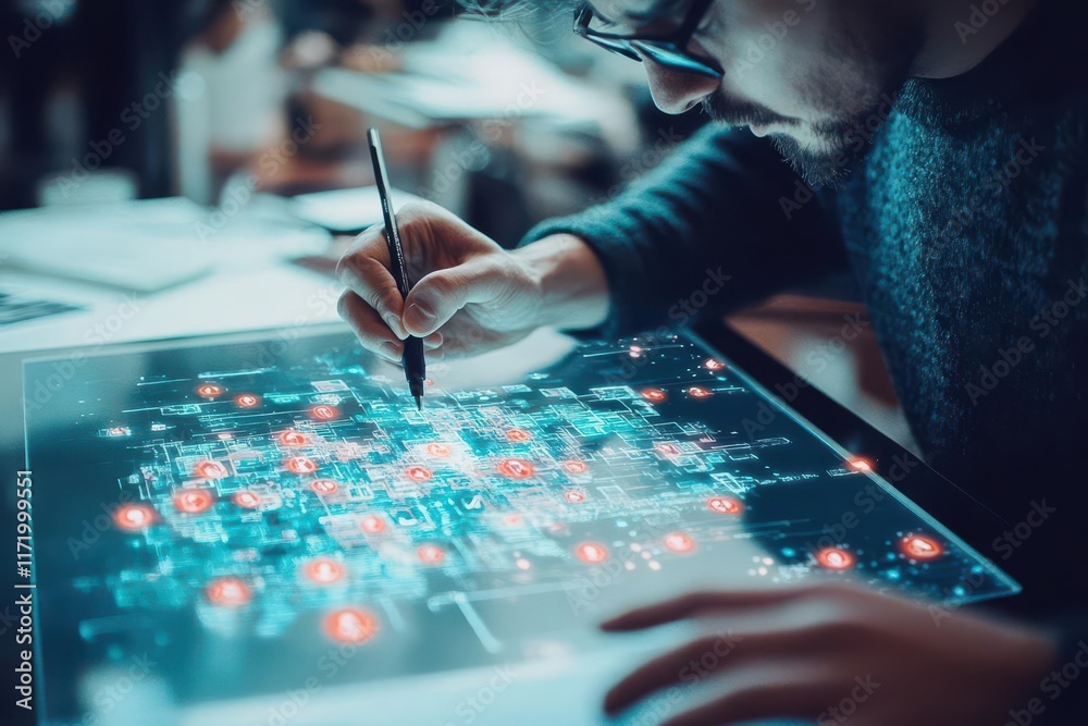 Poster Person Engaged in Technology Using Tablet Displaying Circuit Design Signifying Innovation and Modernity with Focus on Digital Connectivity and Creativity