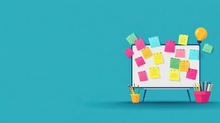 Creative brainstorming session with diverse marketers, sticky notes on a virtual board, bright and cheerful illustration