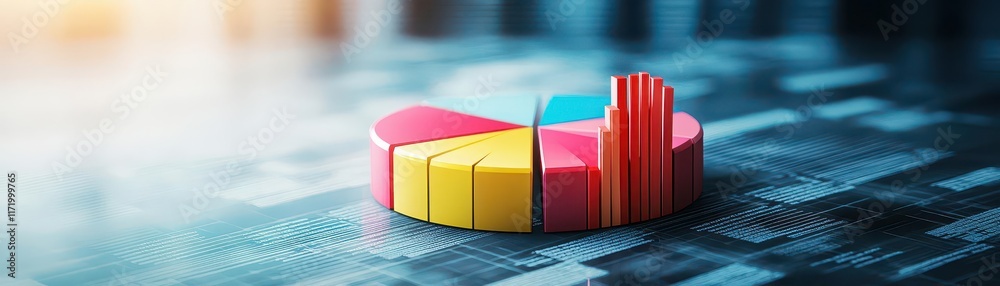 Poster Vibrant Pie Chart Displayed on Modern Computer Screen Illustrating Data Analysis and Insights in a Professional and Engaging Office Environment
