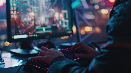 close-up of a person operating his computer