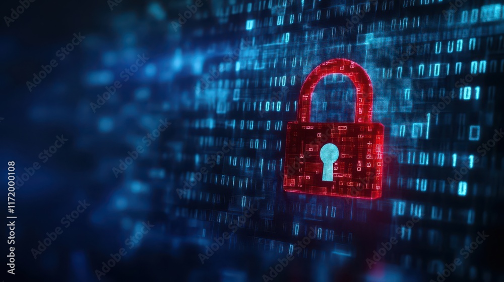 Poster Cybersecurity concept, digital lock with binary code background, 3D illustration